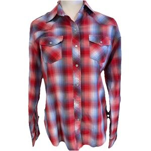 Cowgirl Legend Western Shirt Women L Pearl Snap L/S Red‎ White Blue Plaid Rodeo